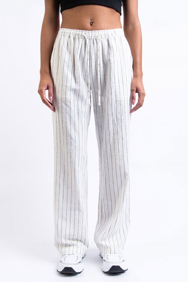 Mid Waist Linen Pants - Mila White Stripe